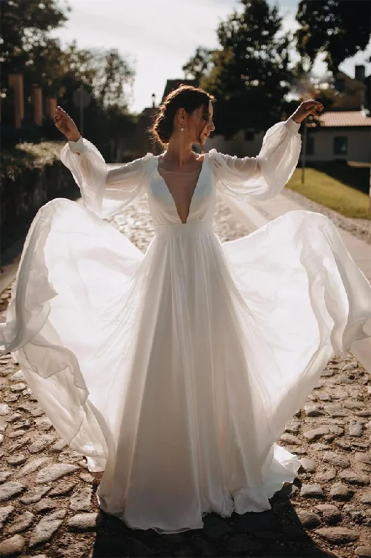 elegant wedding dressesBeautiful Chiffon V Back Wedding Gowns Long Puffy Sleeves Beach Wedding Dress OK1200