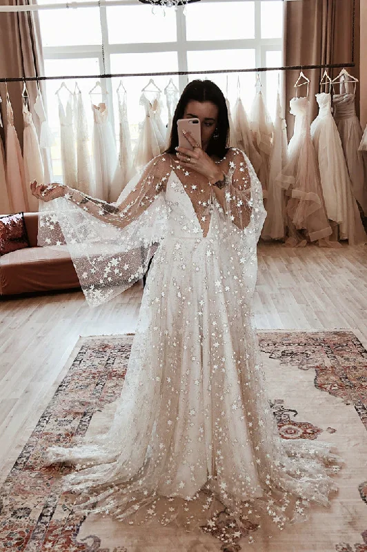 wedding dress trendsGlittering Star A-line Wedding Dress Deep V-neck Bride Dress Beach Boho Wedding Gown OKV61