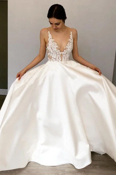 ethical wedding dressesA Line Deep V-Neck Floor-Length Satin Wedding Dresses with Lace Appliques OKR42