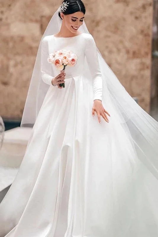 princess wedding dressesVintage Ivory A-line Wedding Dress Long Sleeves Satin Bridal Gowns OKX7