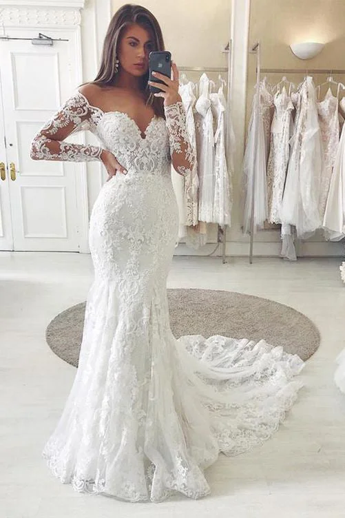 sequined wedding dressesOff the Shoulder Long Sleeves Lace Mermaid Long Wedding Dress OK1051