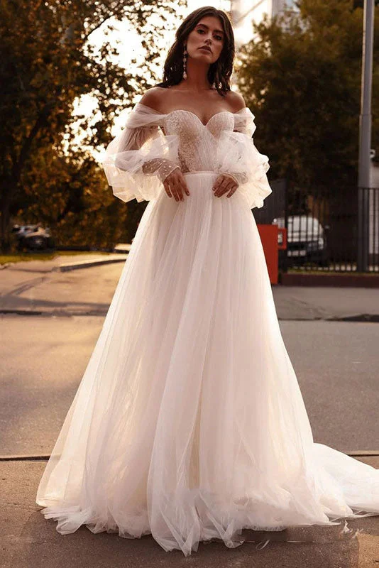 wedding dress with buttonsOff The Shoulder A Line Tulle Beach Wedding Dresses Sweetheart Puffy Sleeves Corset Princess Wedding Gown OKW15