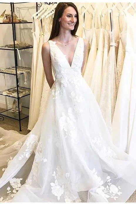 ready-to-wear wedding dressesUnique A-Line Deep V-Neck Backless Long Wedding Dress with Appliques OKB61