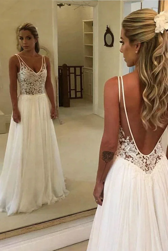 wedding dress with illusion backSimple Chiffon Beach Wedding Dress Sexy Backless V-Neck Lace Applique A-line Bridal Dress OKW18