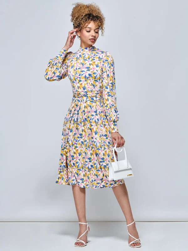 polyester midi dressesJolie Moi Vesper Long Sleeve Midi Dress, Yellow Floral