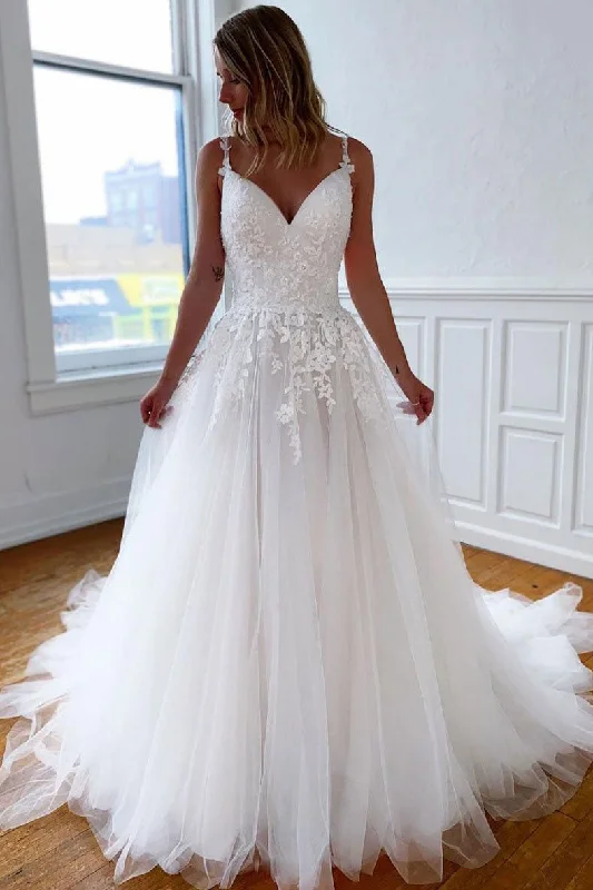 bespoke wedding dressesOff White Tulle Lace Appliques Long Wedding Dress A Line Bridal Dress OK1159