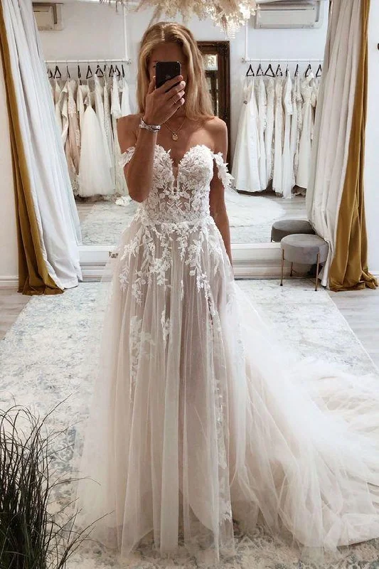 timeless wedding dressesA Line Tulle Lace Appliques Off the Shoulder Floor Length Wedding Dress OK1098