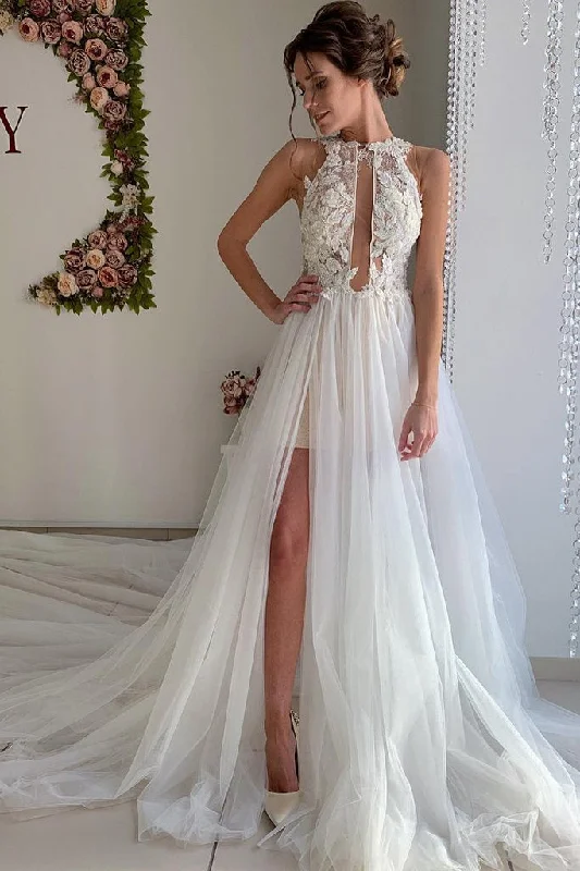 flutter sleeve wedding dressesA-line Appliques Ivory Open Back Tulle Boho Wedding Dress Long Beach Bridal Dress OKY4