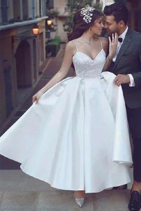 detailed wedding dressesSimple Satin A Line Spaghetti Straps Appliqued Short Princess Wedding Dress OK1137