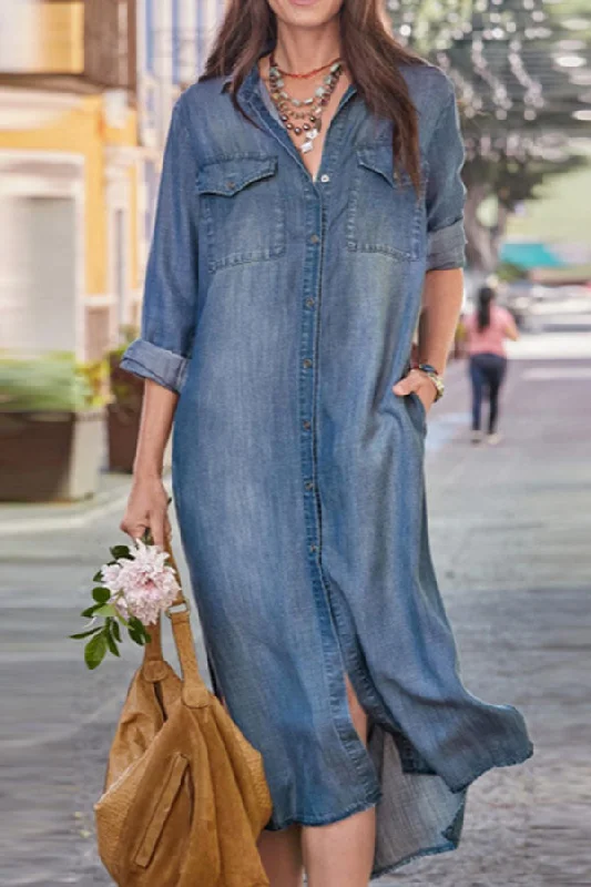 midi dresses for workGradient Denim Relaxed Single Breasted Midi Dress