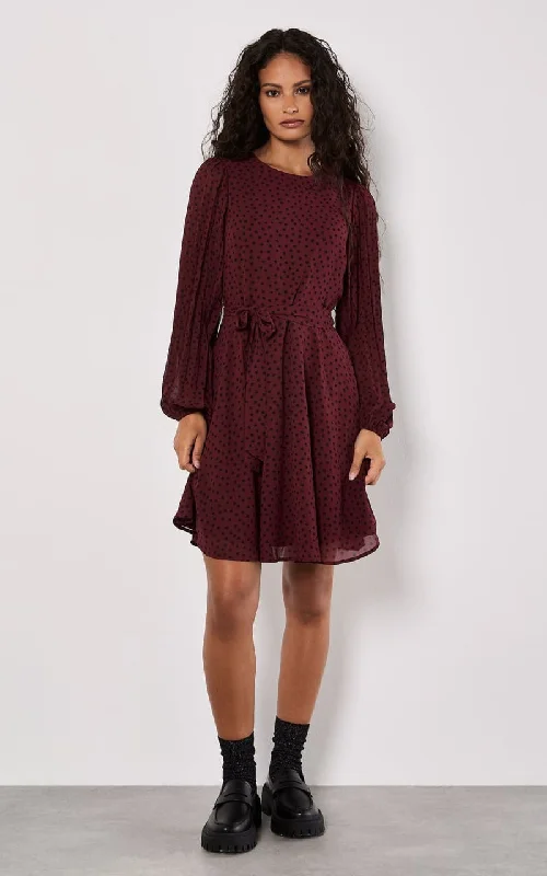 Apricot- Pleated Sleeve Polkadot Dress