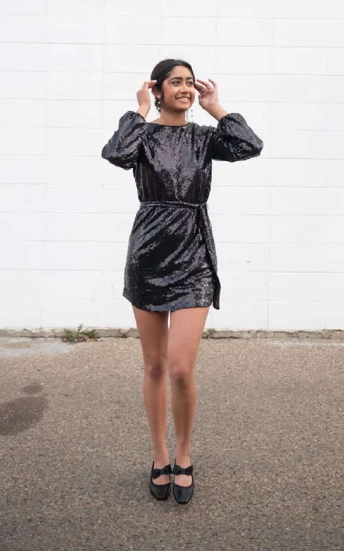 Apricot- Sequin Puff Sleeve Dress with Tie