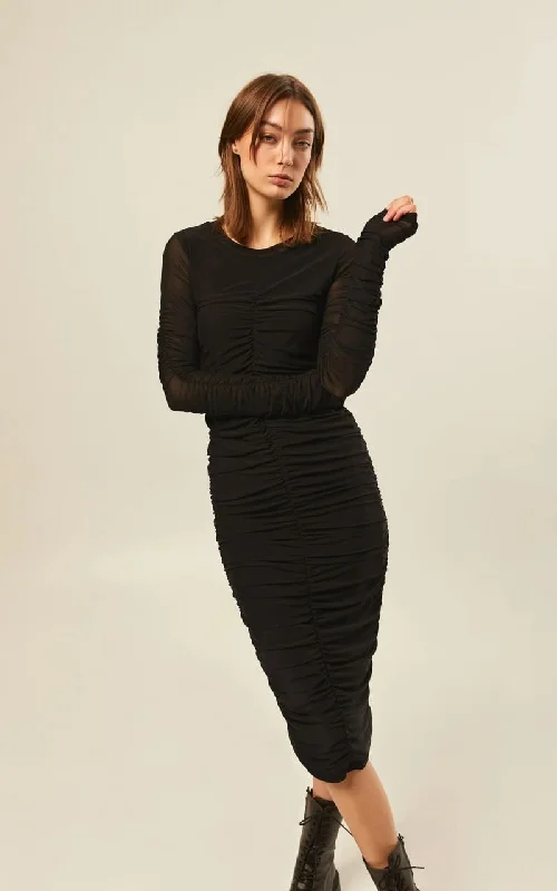 Hilary MacMillan- Ruched Sleeved Mesh Dress in Black