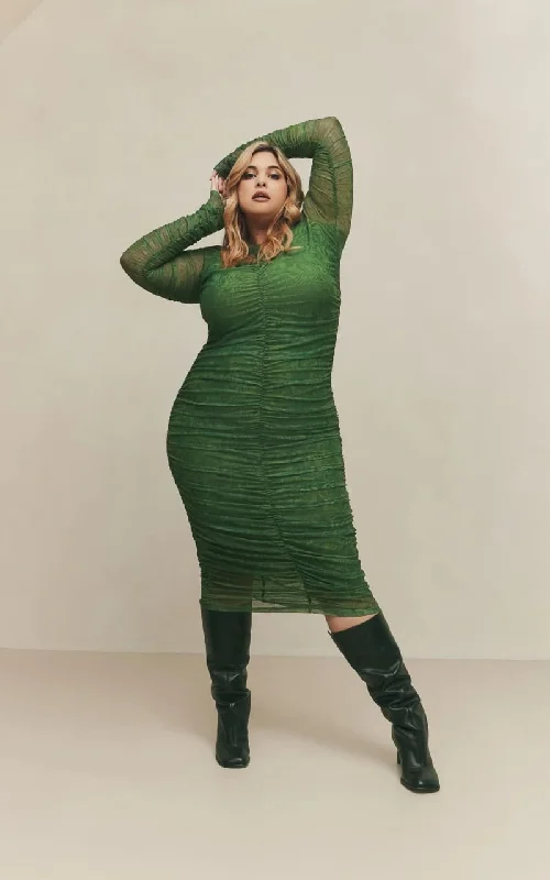 Hilary MacMillan- Ruched Sleeved Mesh Dress in Green