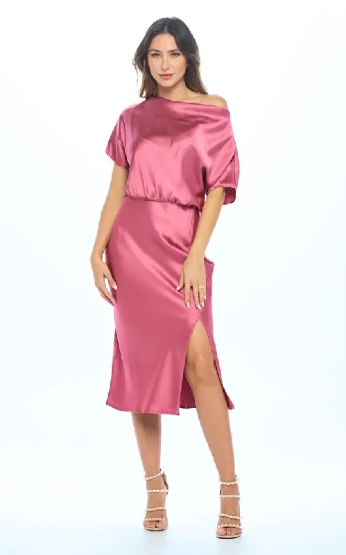 Renee C - Stretch Satin Blouson Dress in Dark Pink