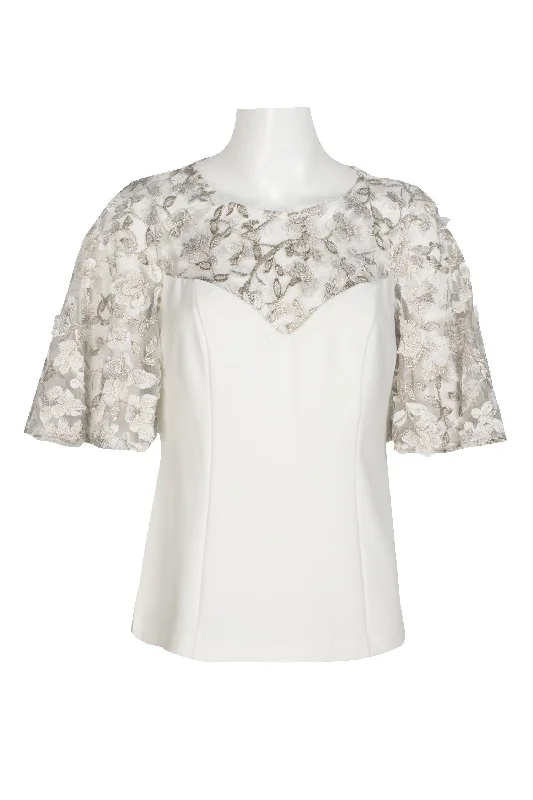 women's tops for those who appreciate subtle and muted tonesAdrianna Papell AP1E209069 Bell Sleeve Formal Illusion Embroidered Crepe Top