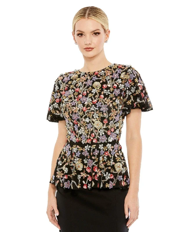 women's tops for those who want to make a fashion statementMac Duggal R5693 Short Sleeve Formal Beaded Floral Sequin Top